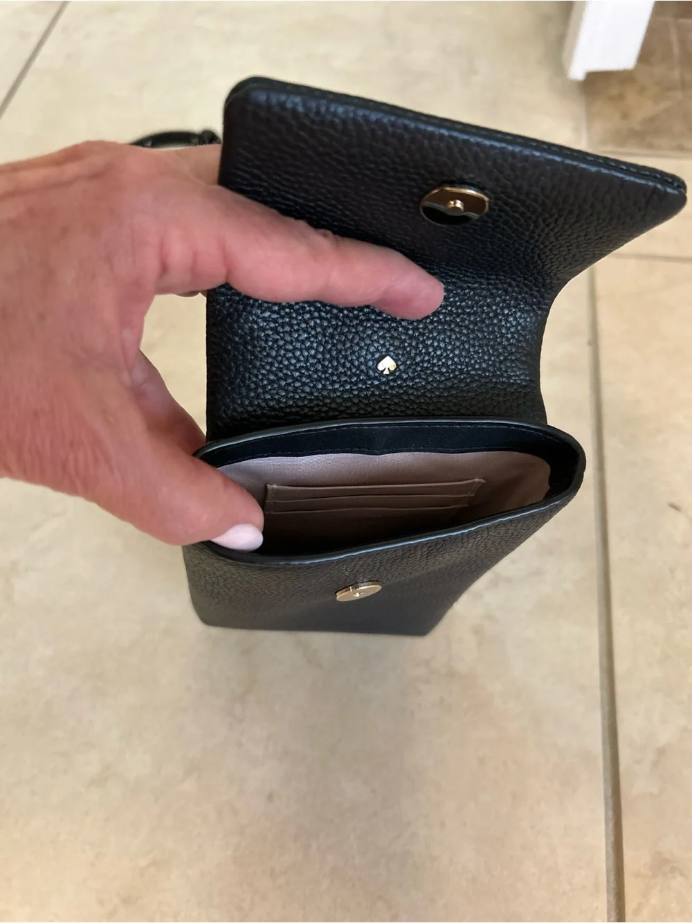 kate spade black pebbled leather phone crossbody with gold chain